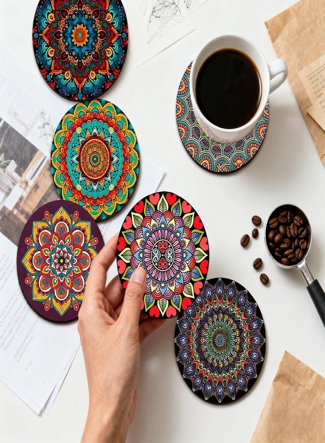 IIDEA Set of 6 Wood Coasters with Holder,Mandala Diamond Art Wooden Coasters for Table Protection Absorbent Drink Cup Cork Base Farmhouse Housewarming Gifts,Heat-Resistant - Image 5